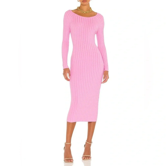 MORE TO COME Laura Open Back Dress Barbie pink bodycon long sleeve ribbed midi - Picture 1 of 6